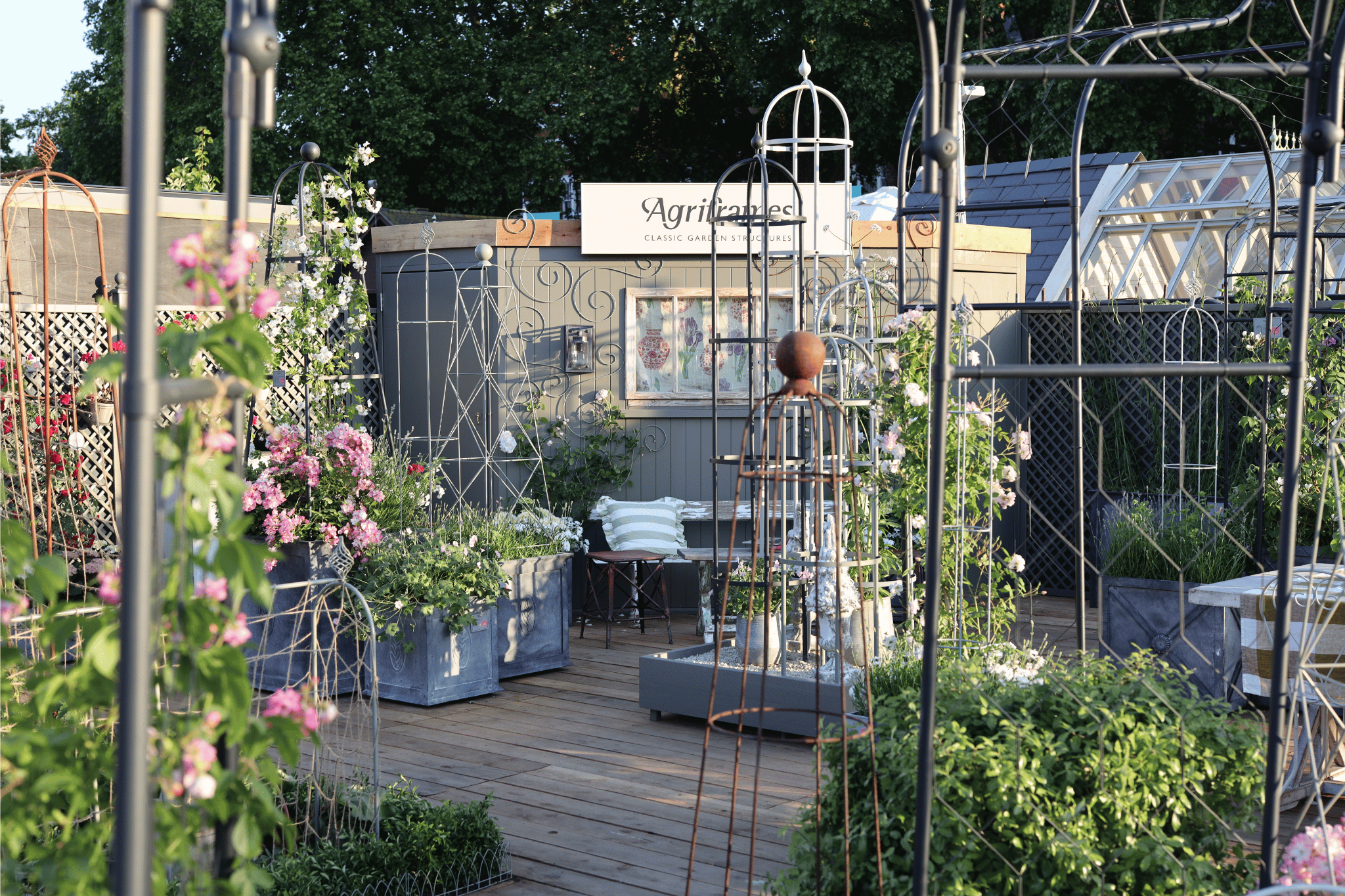 Royal Horticultural Society Chelsea Flower Show 2025 - a range of Agriframes products, including Obelisks, Arches, Zinc Planters, wall trellis