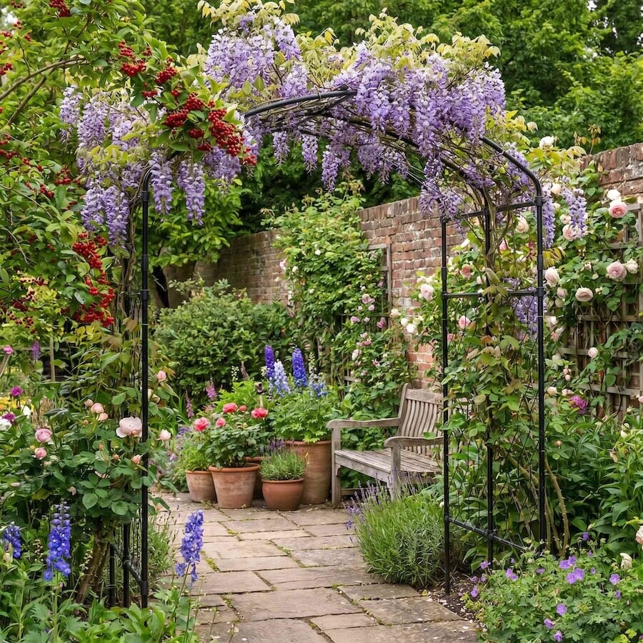 Agriframes Vine Arch installed across a stone garden path with lavender growing over its frame and various other flowers blooming around it. 