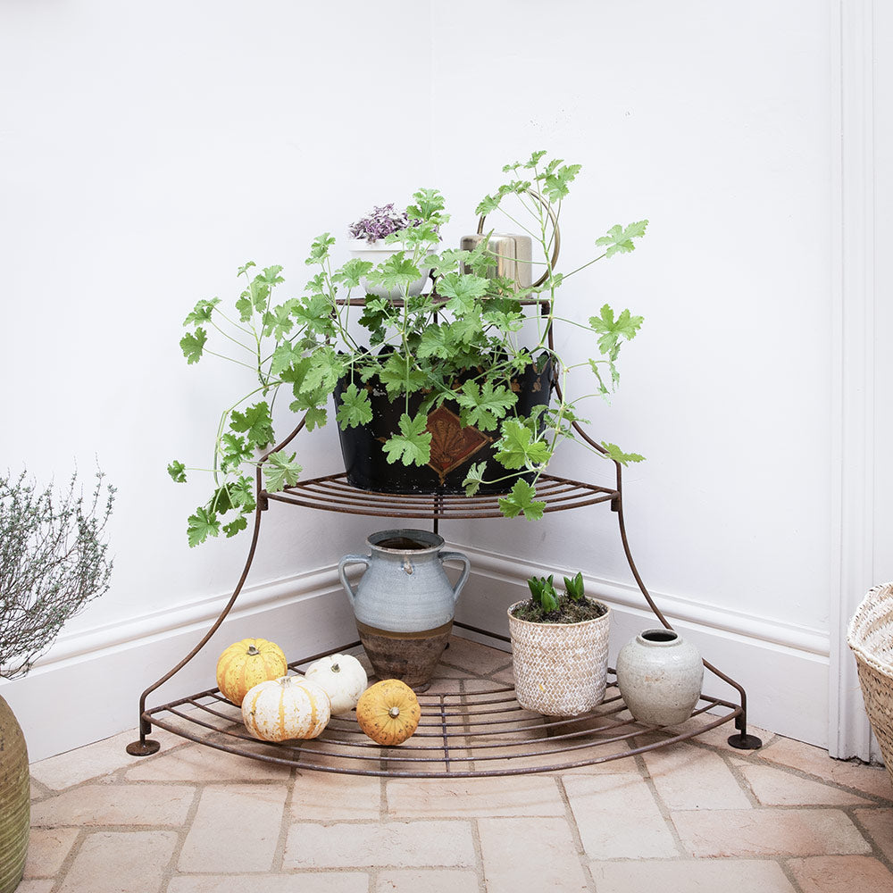 Quadrant tiered plant stand in a rustic finish