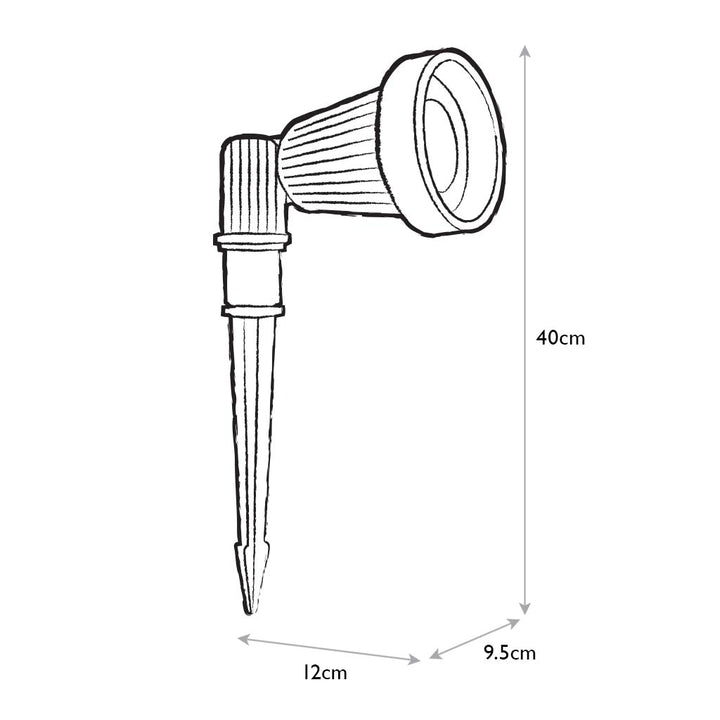 Measurement chart of a garden light fixture with dimensions labeled.