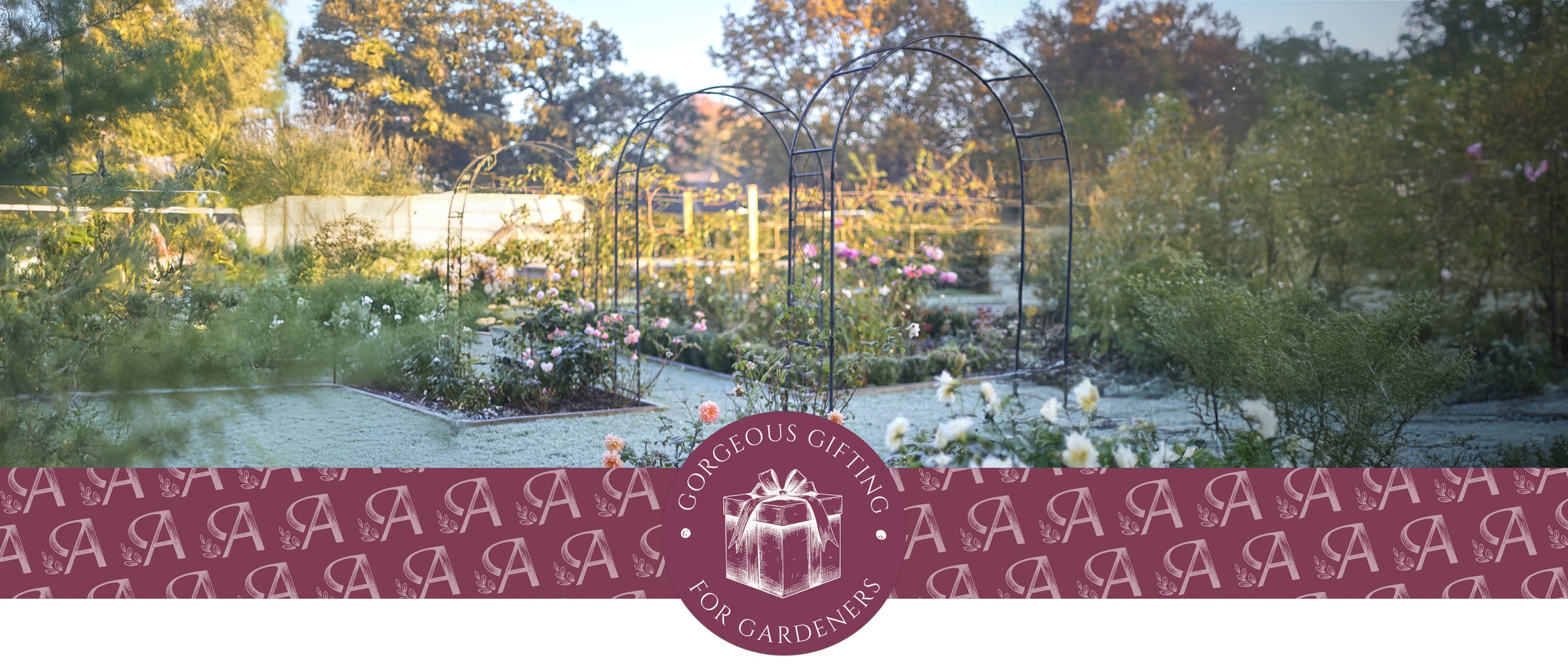 Garden scene with a decorative banner at the bottom