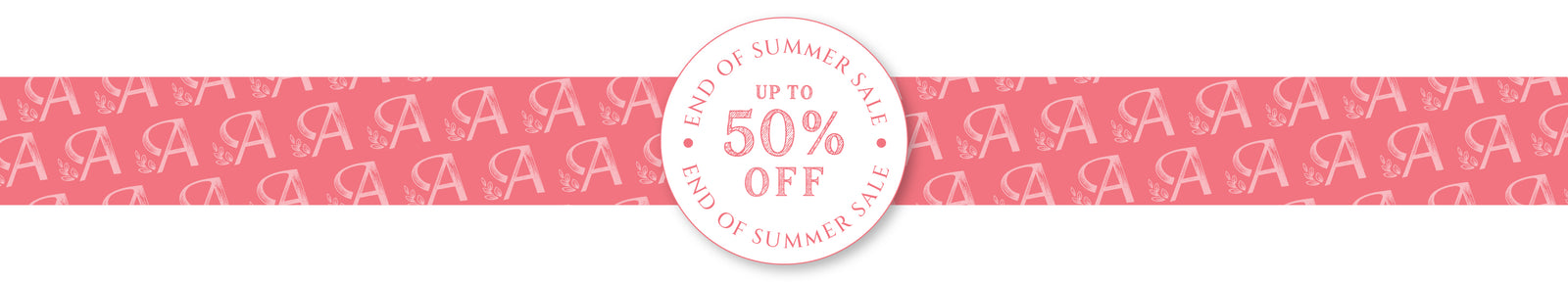 Promotional banner with '50% Off' offer on a pink background with white text.
