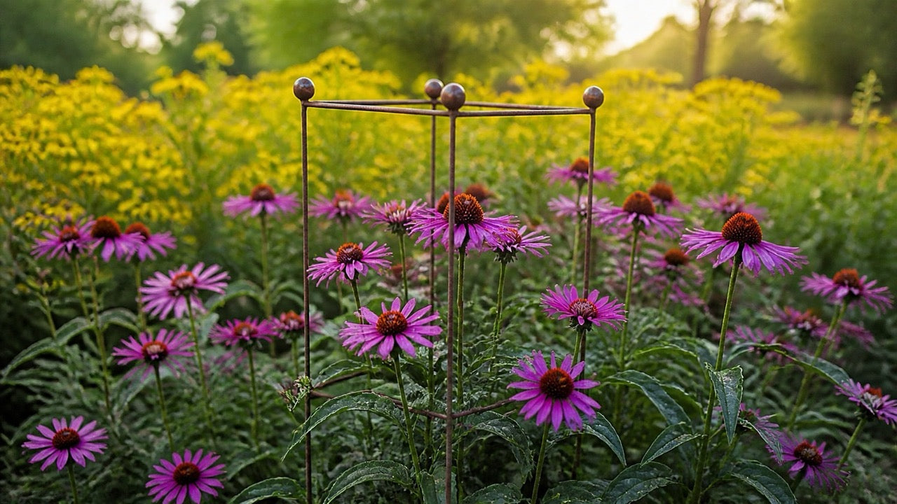 A metal garden plant supportwith a square frame and round ball finials stands in a lush garden of purple coneflowers and yellow wildflowers at sunset.