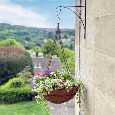 Rustic hanging basket full of flowers and foliage on a  stone wall