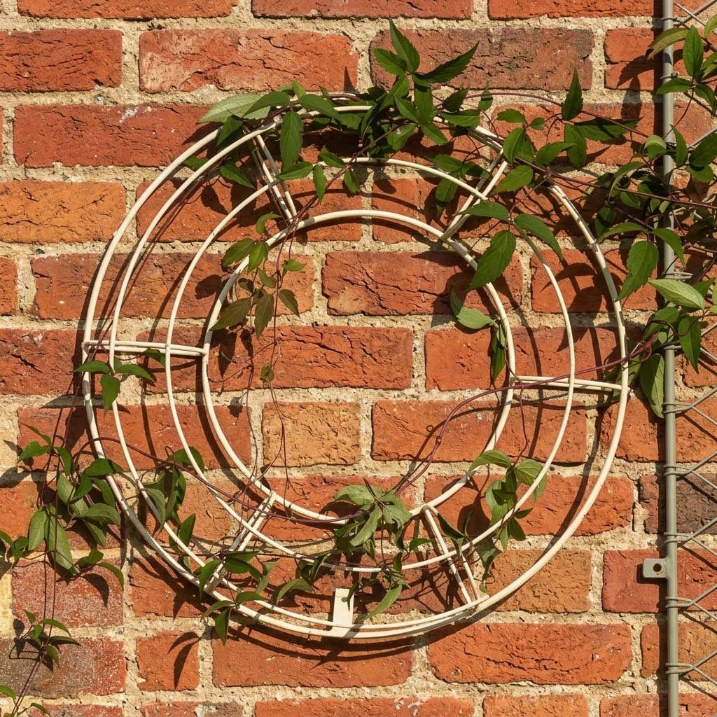 Florist wreath trellis in a bath stone finish on a brick wall with leaves twining through the frame. 