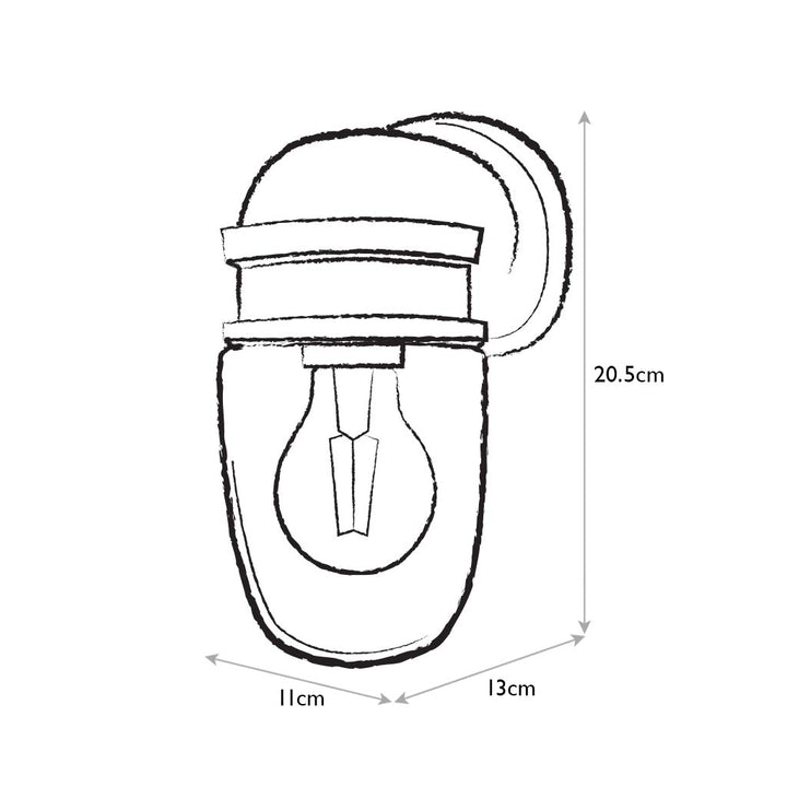 Technical drawing of a wall-mounted light fixture with dimensions