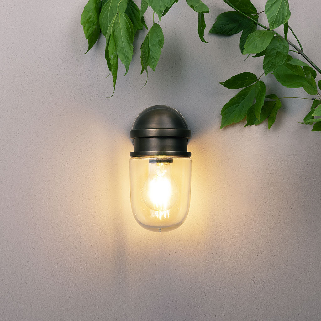 Wall-mounted outdoor light fixture with a warm glow on a neutral wall, accompanied by green leaves.