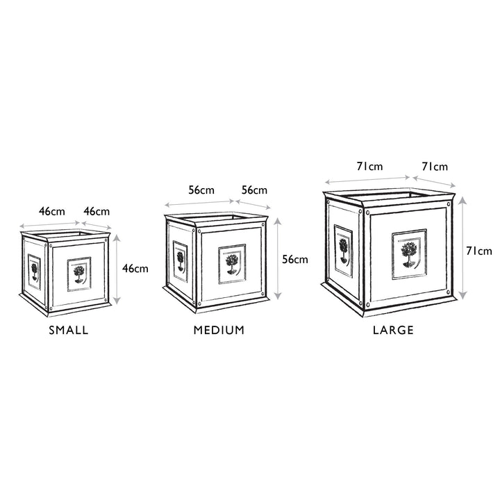 Dimensions of small, medium, and large RHS zinc planters with measurements in cm's. 