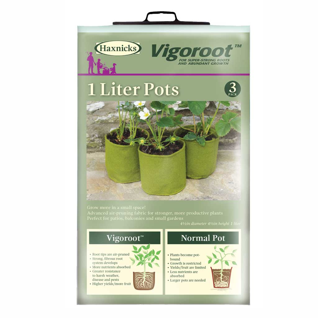 Haxnicks Vigoroot 1 Liter Pots packaging with three pots on a stone surface.
