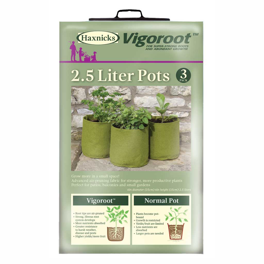 Haxnicks Vigoroot 2.5 Liter Pots packaging with images of plants and product details.