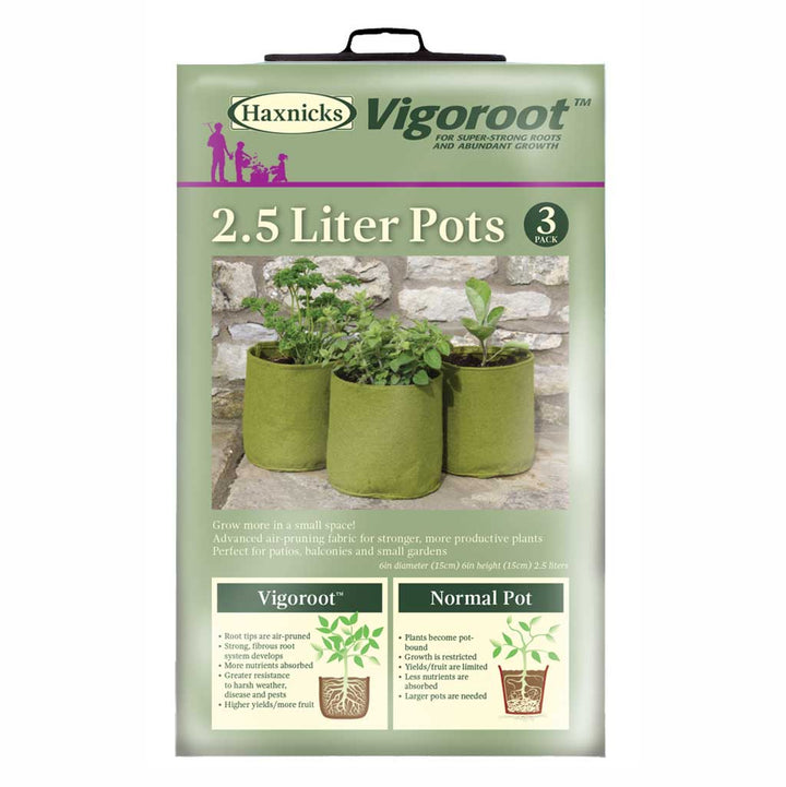 Haxnicks Vigoroot 2.5 Liter Pots packaging with images of plants and product details.