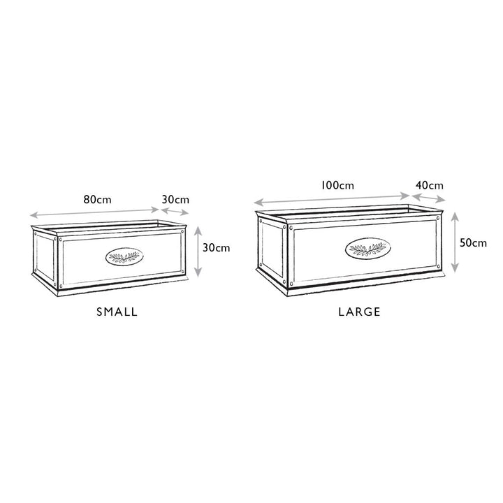 Dimensions of a small and large zinc planter with brand logo on a white background