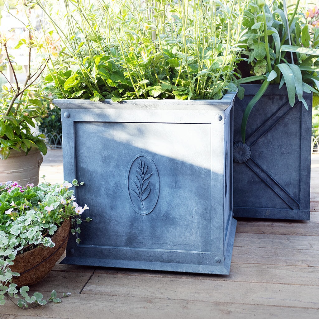 Tuscan Zinc Planter with Olive Leaf Design on a wooden decking at Chelsea Flower Show