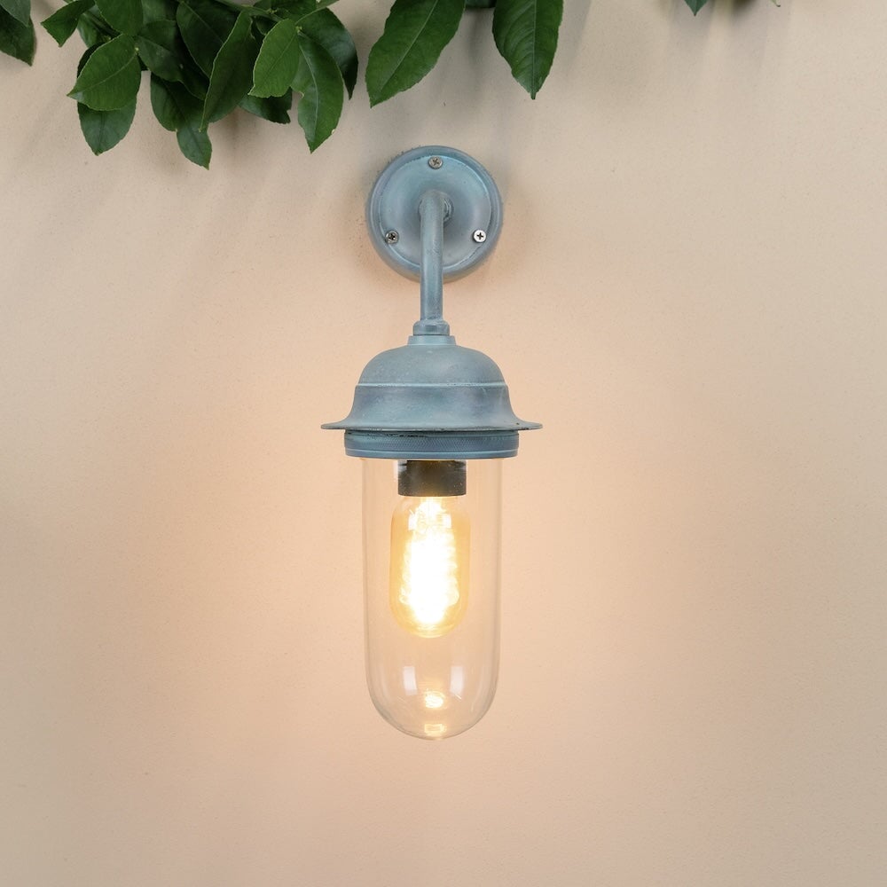 Agriframes pewsey outdoor wall lamp in a verdigris finish with its bulb lit on a neutral coloured wall with decorative leaves.