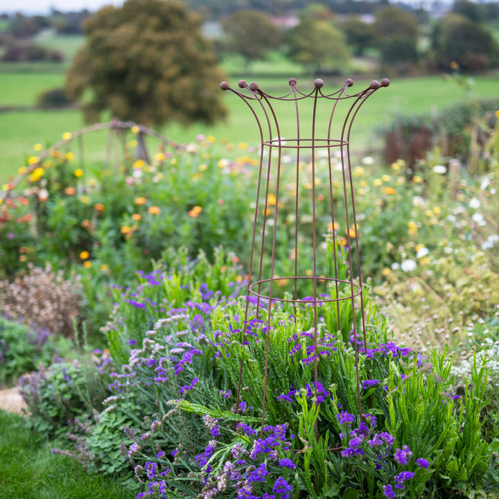Decorative Coronation Crown Obelisk in a lush garden with flowers and greenery.