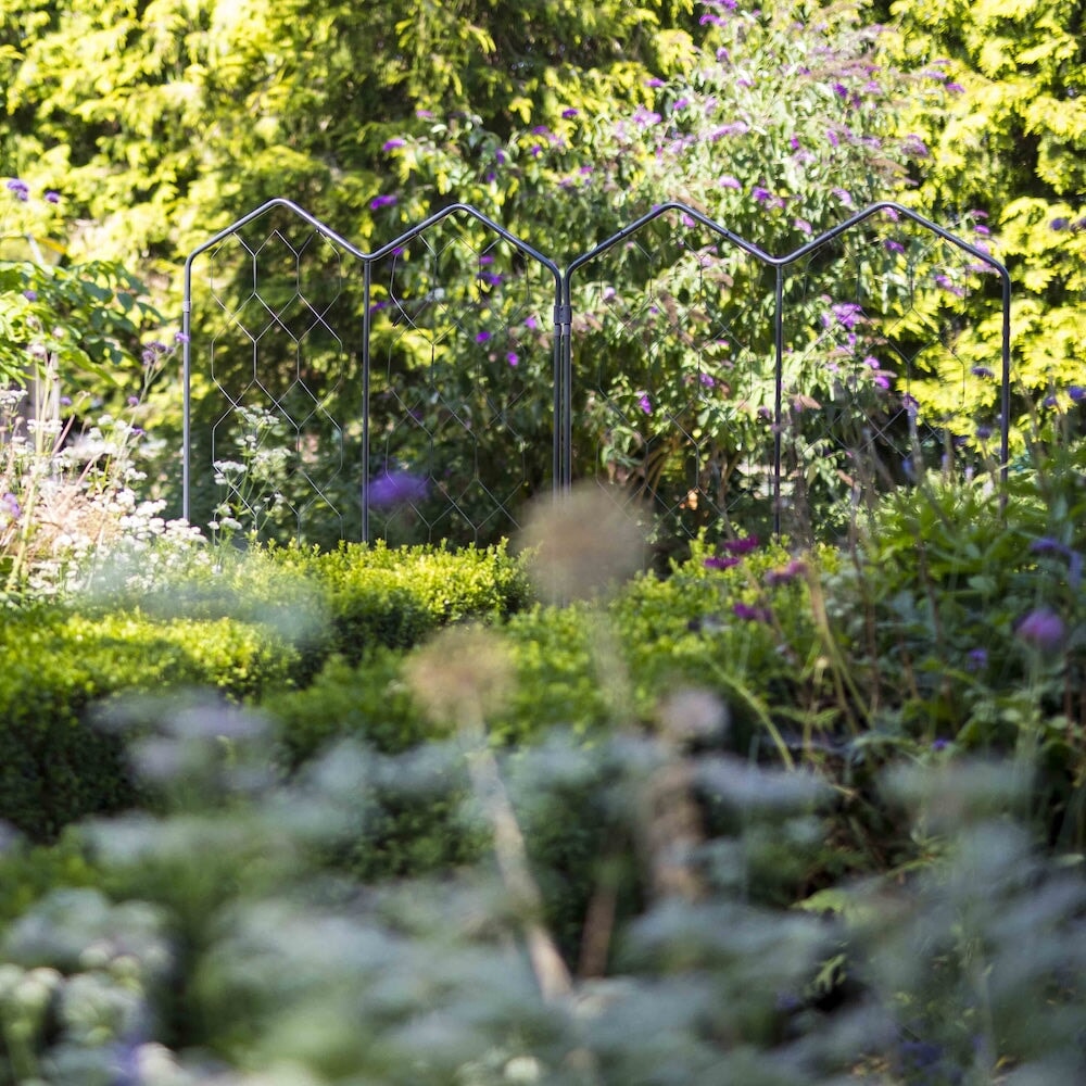 Agriframes alpine screens linked together amongst a large floral garden