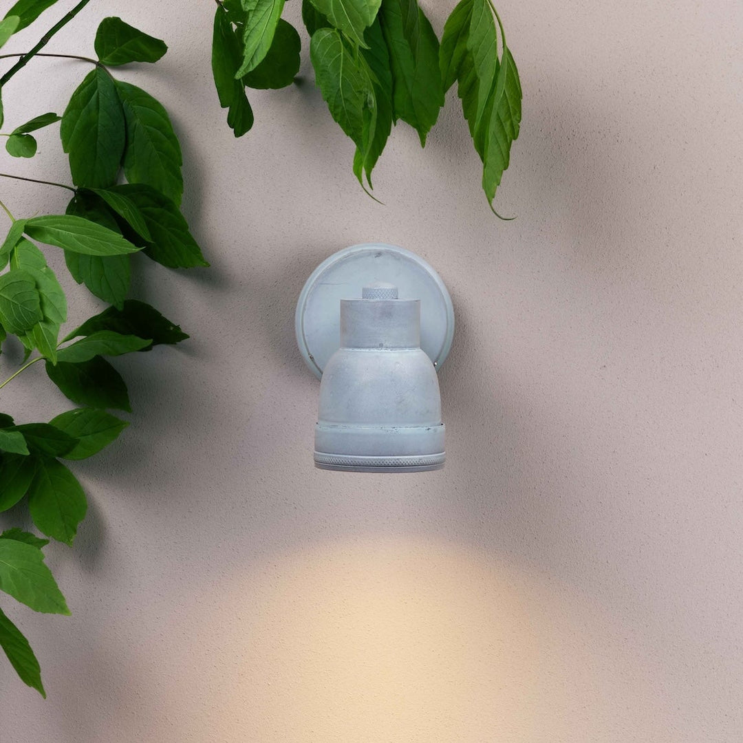 Agriframes Atworth Outdoor Wall Lamp with its bulb illuminated mounted on an off white wall with decorative leaves 