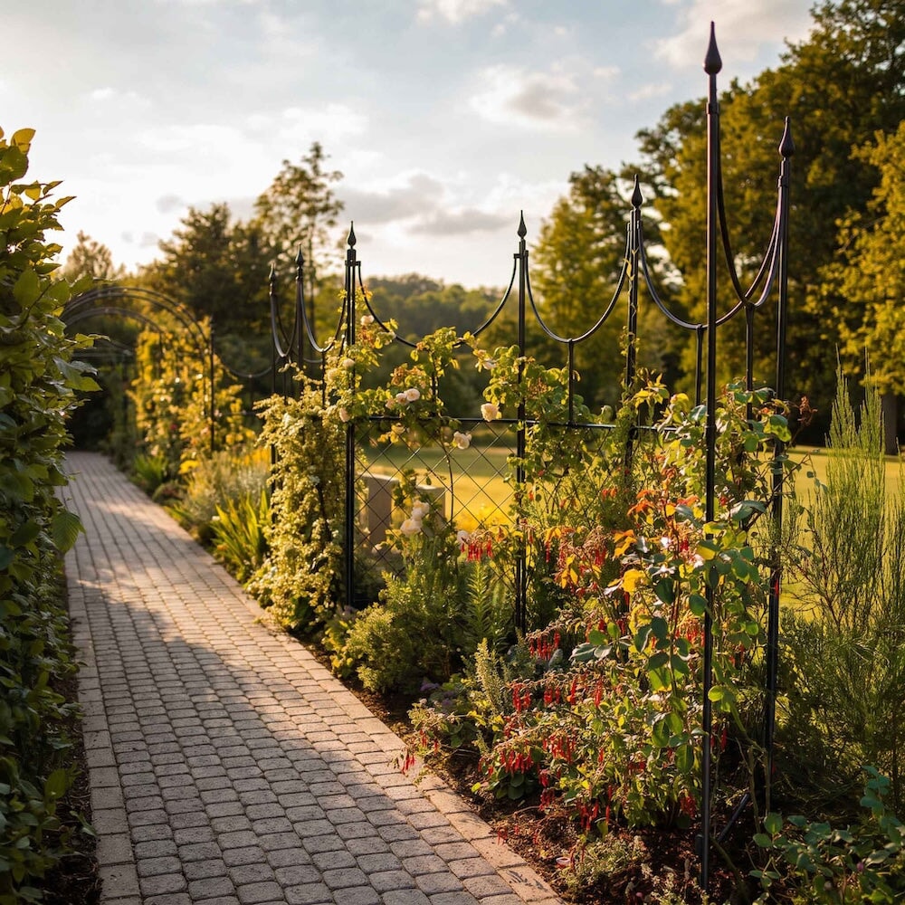 Agriframes byzantine screens linked together in a border flowerbed along a garden pathway with various plants growing up the frames