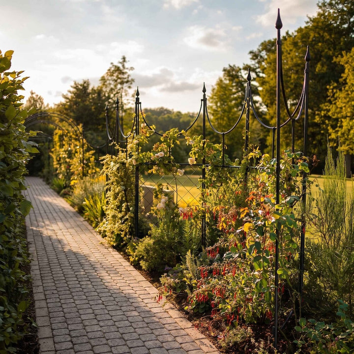 Agriframes byzantine screens linked together in a border flowerbed along a garden pathway with various plants growing up the frames