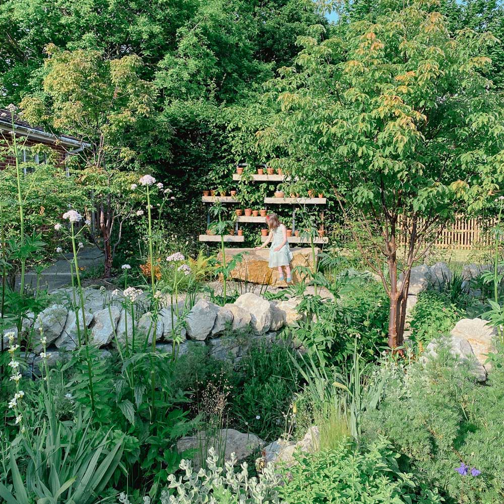 outdoor garden with ig stone walls