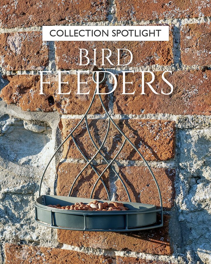 Agriframes Elegance Bird Feeder on a brick wall with bird food in the tray.