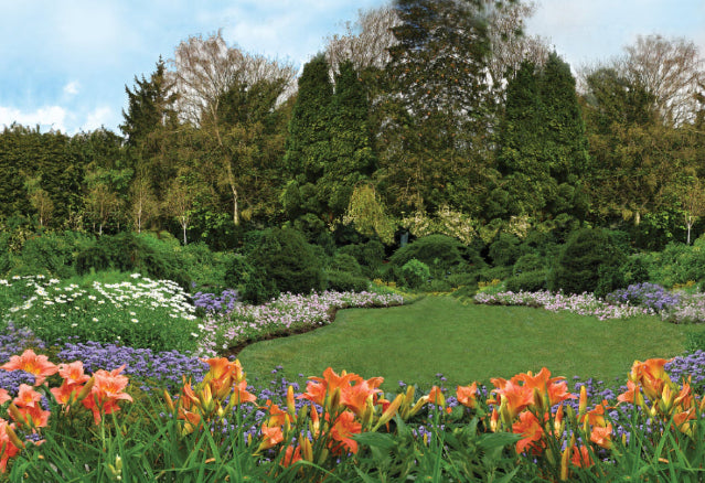 Circular garden lawn bordered a large multicoloured flowerbed.