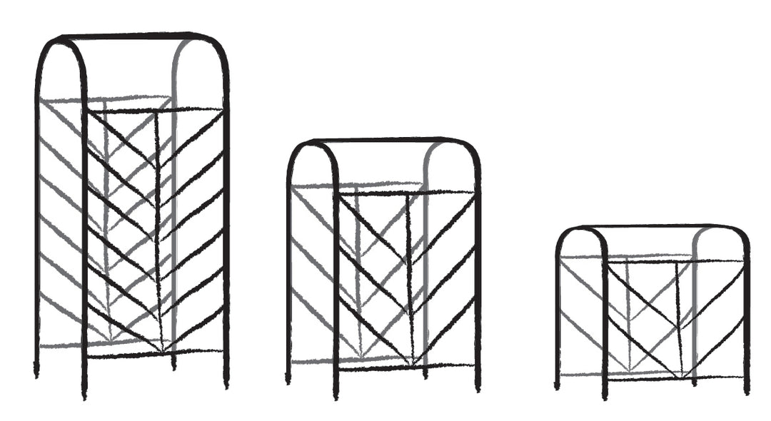 Black and white line drawings of the Agriframes Contemporary Growing Frame in its three different sizes. 