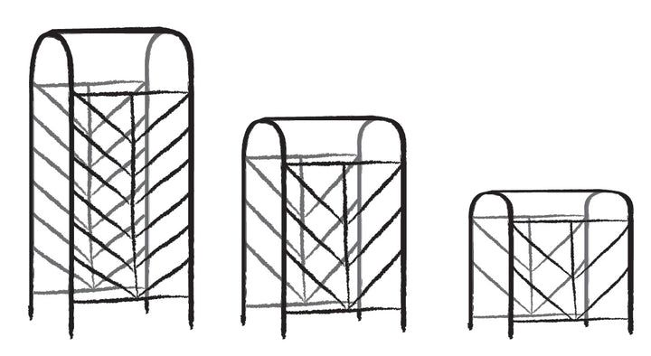 Black and white line drawings of the Agriframes Contemporary Growing Frame in its three different sizes. 
