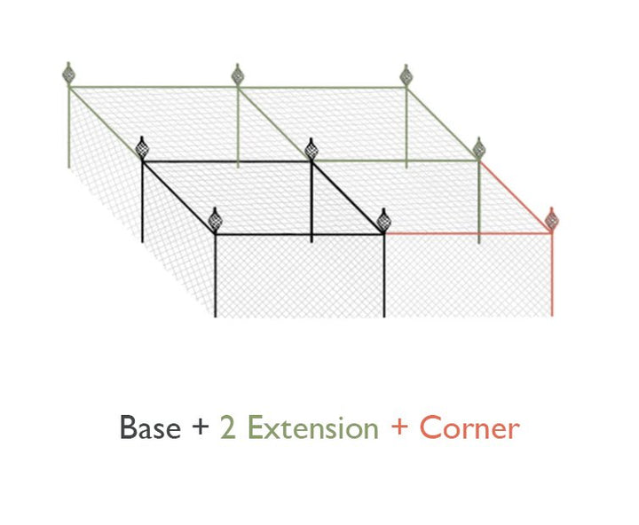 Illustrated diagram showing the layout of an Agriframes Crop Cage with 2 extensions and a corner