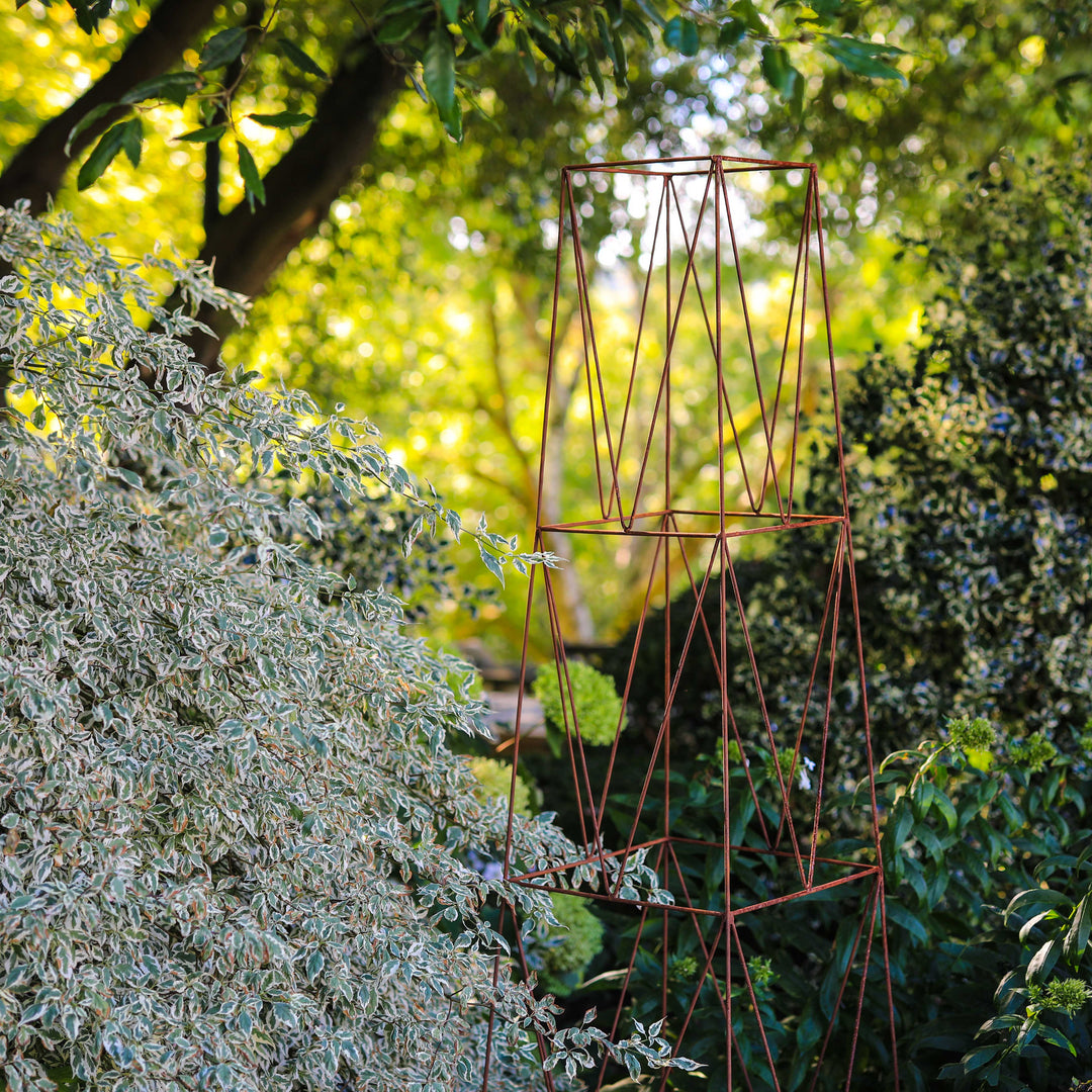 Top half of a Rustic Agriframes deco growing obelisk  surrounded by shrubbery. 