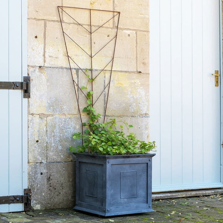 Agriframes Deco Planter Trellis with plants in a zinc square planter against a stone wall.