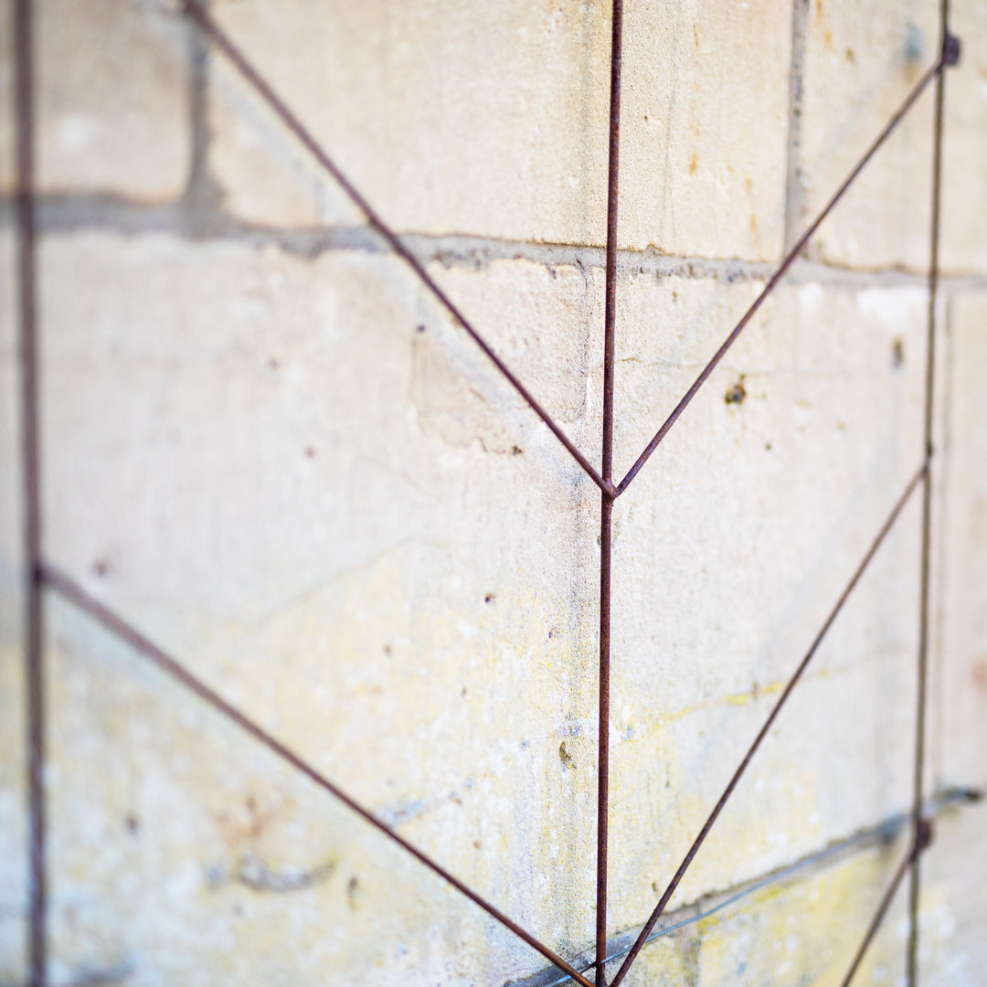 Close-up of a geometric Agriframes Deco  wall trellis against a textured beige wall.