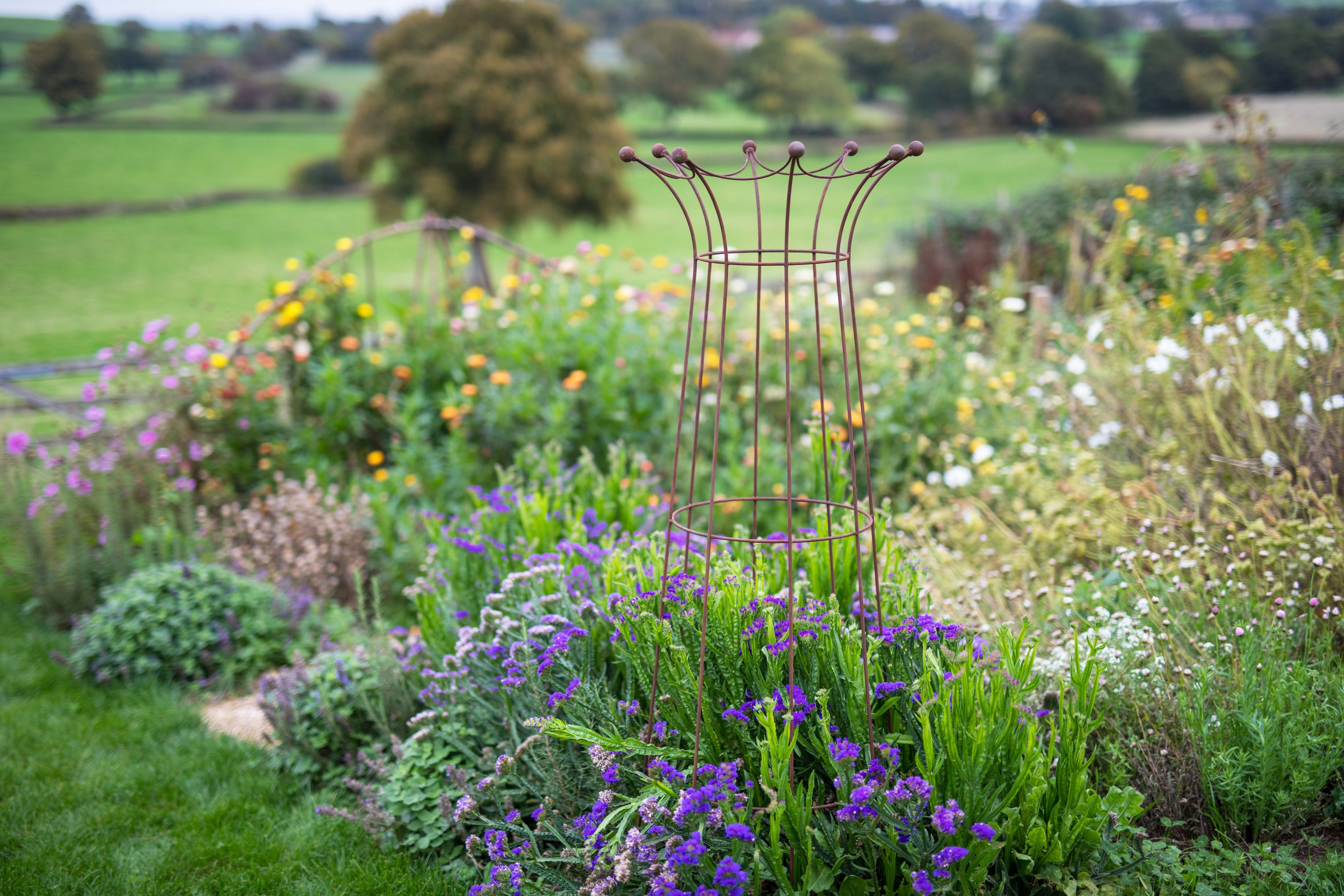 Wide shot of the Agriframes Elegance Coronation Obelisk installed in a large flowerbed 
