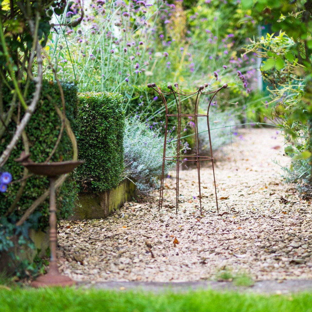 Garden pathway with decorative Coronet Crown Obelisk displayed on it amidst various plants and shrubs.