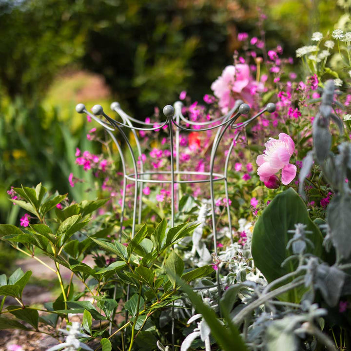 Agriframes elegance coronet obelisk in a sage green finish in a flowerbed