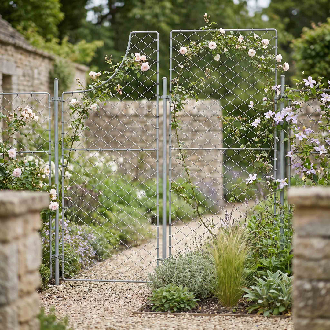 Agriframes curved screens linked together across a garden path with roses growing up the frames