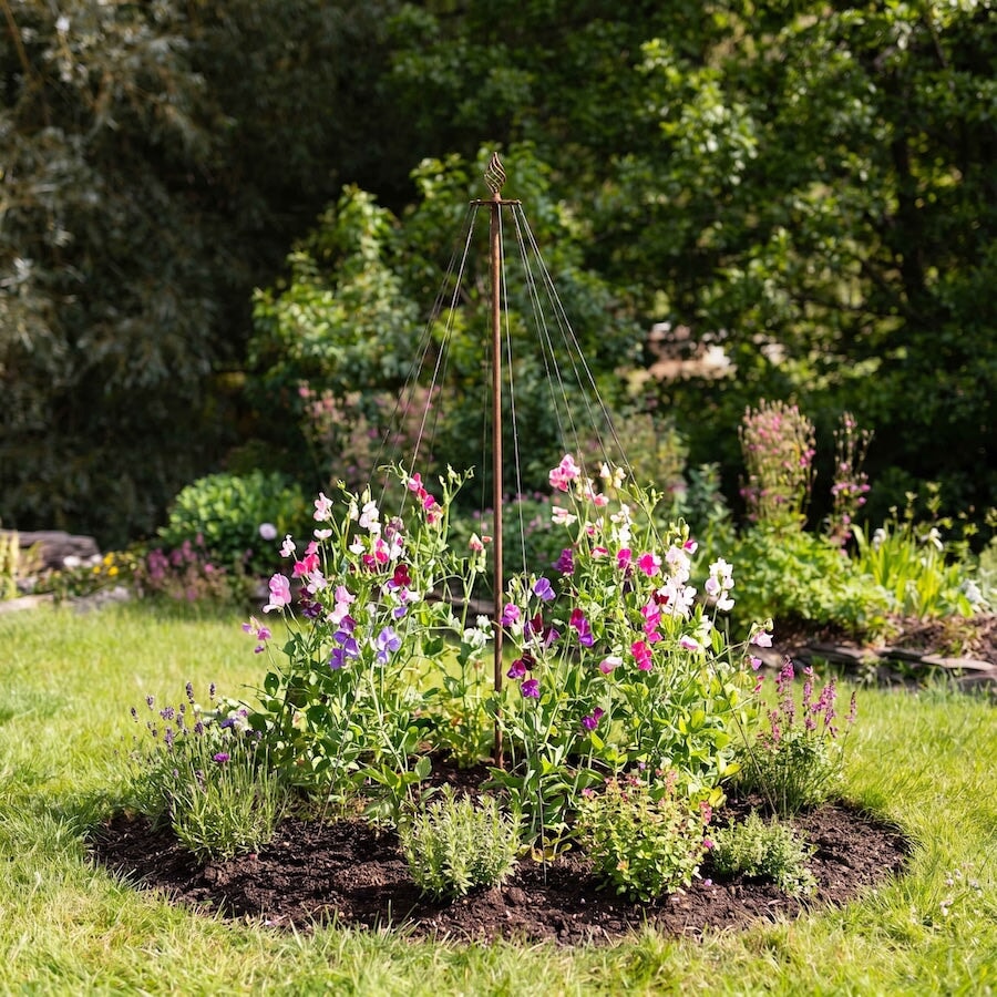 Agriframes Elegance Garden Maypole installed in a circular flowerbed with peonies growing.