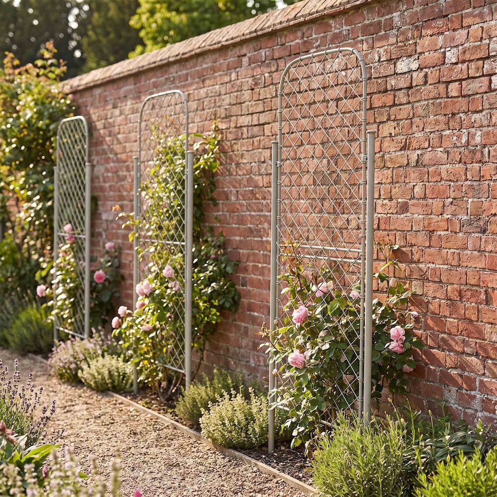 Three agriframes elegance monet screens installed seperately in a border flowerbed against a brick wall 