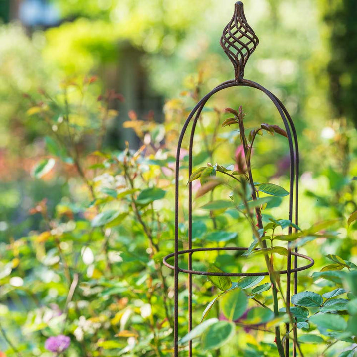 Decorative metal garden stake with plants growing around it in a garden setting