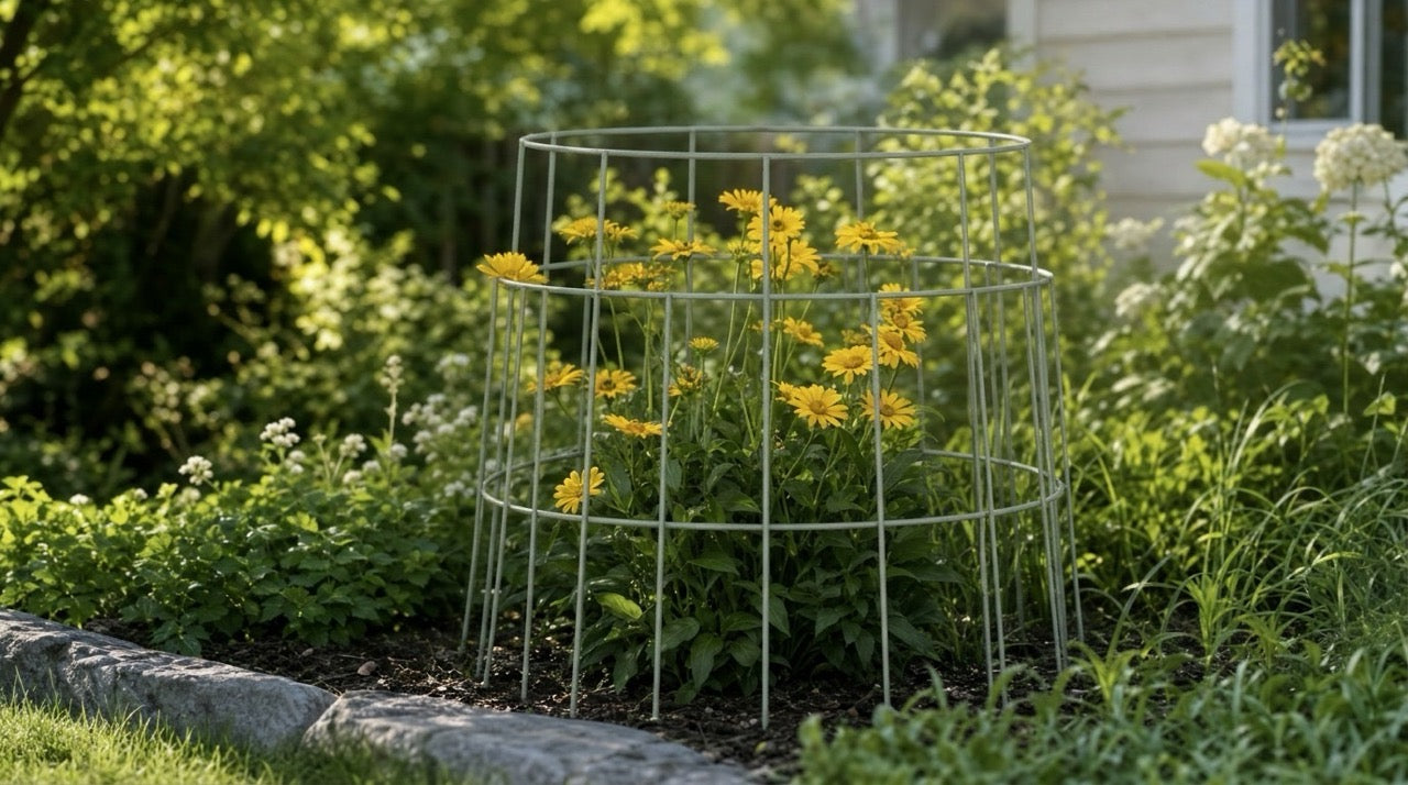 Elegance Round Plant Support in sage green with yellow flowers growing in the middle in a flowerbed. 