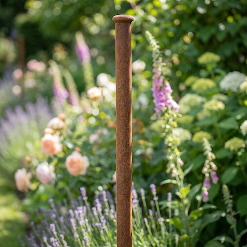 Agriframes Elegance Screen Mounting Pole in a rustic finish in a flowerbed