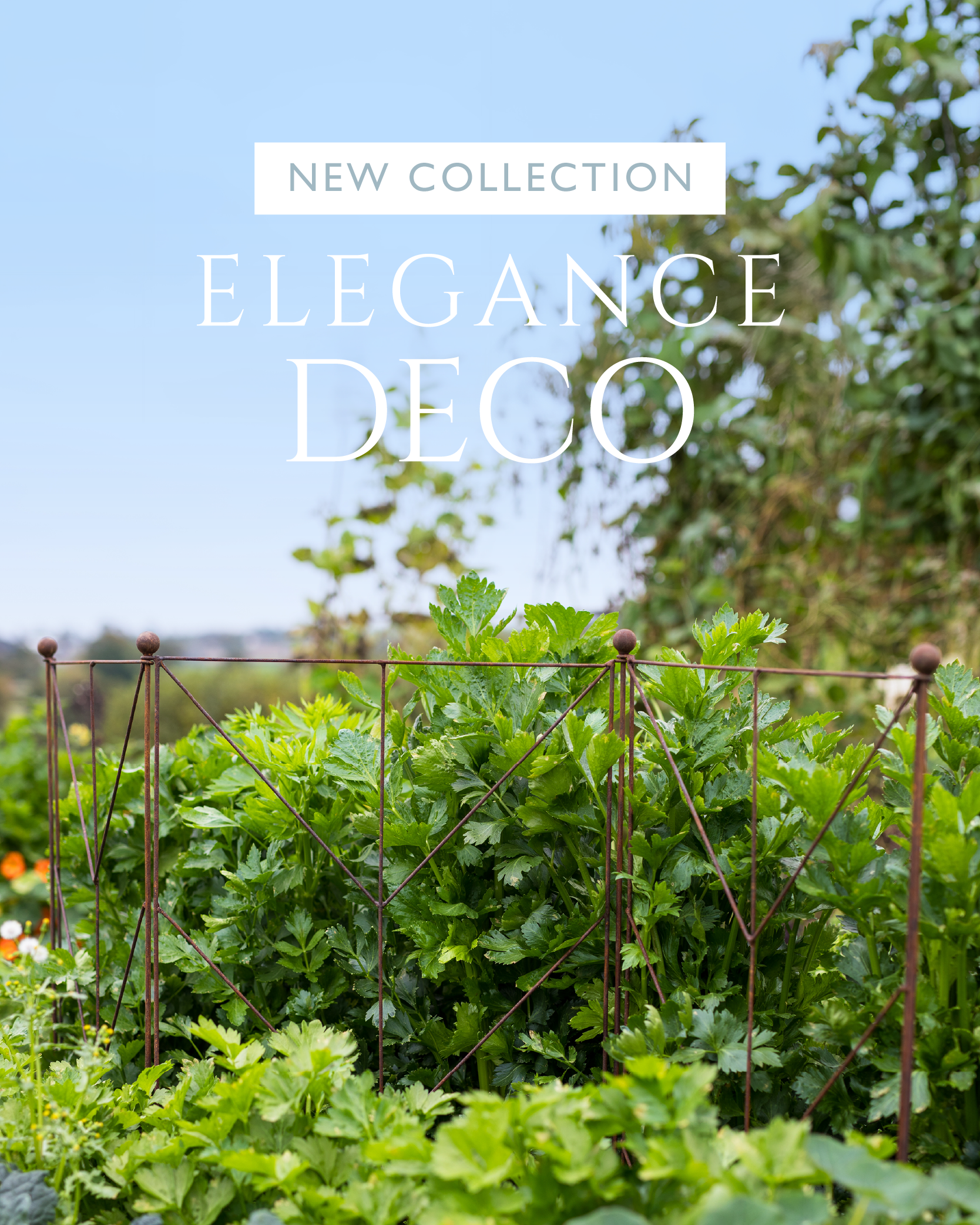 Garden scene with a Agriframes Deco garden fence and 'Elegance Deco' text overlay