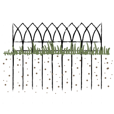 Illustration of a black metal fence with green grass on a white background