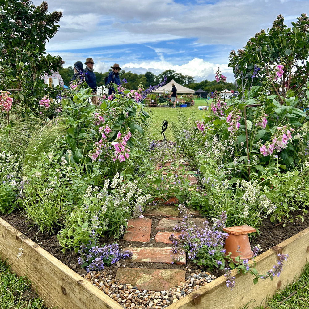 Garden with raised beds, flowers, and people in the background