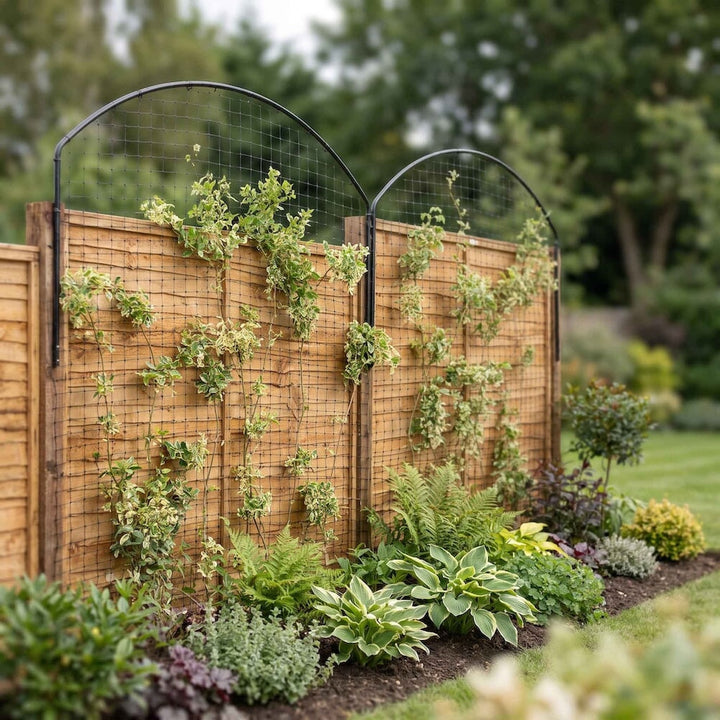 Agriframes monet fence top privacy panels in a flowerbed against a wooden garden fence with plants growing up the frame