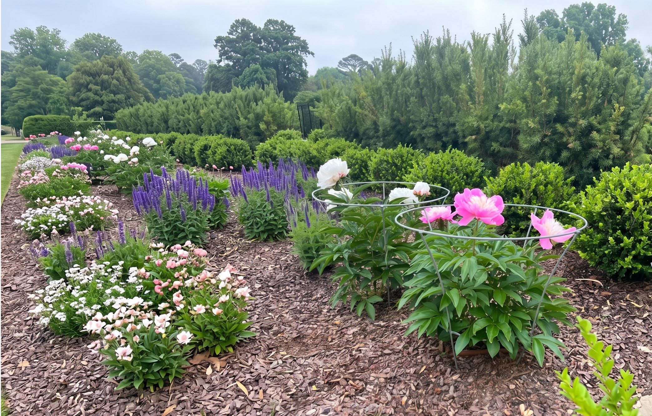Two Agriframes Fluted Peony Supports in a flowerbed covered in woodchips with pink and white flowers growing through them.