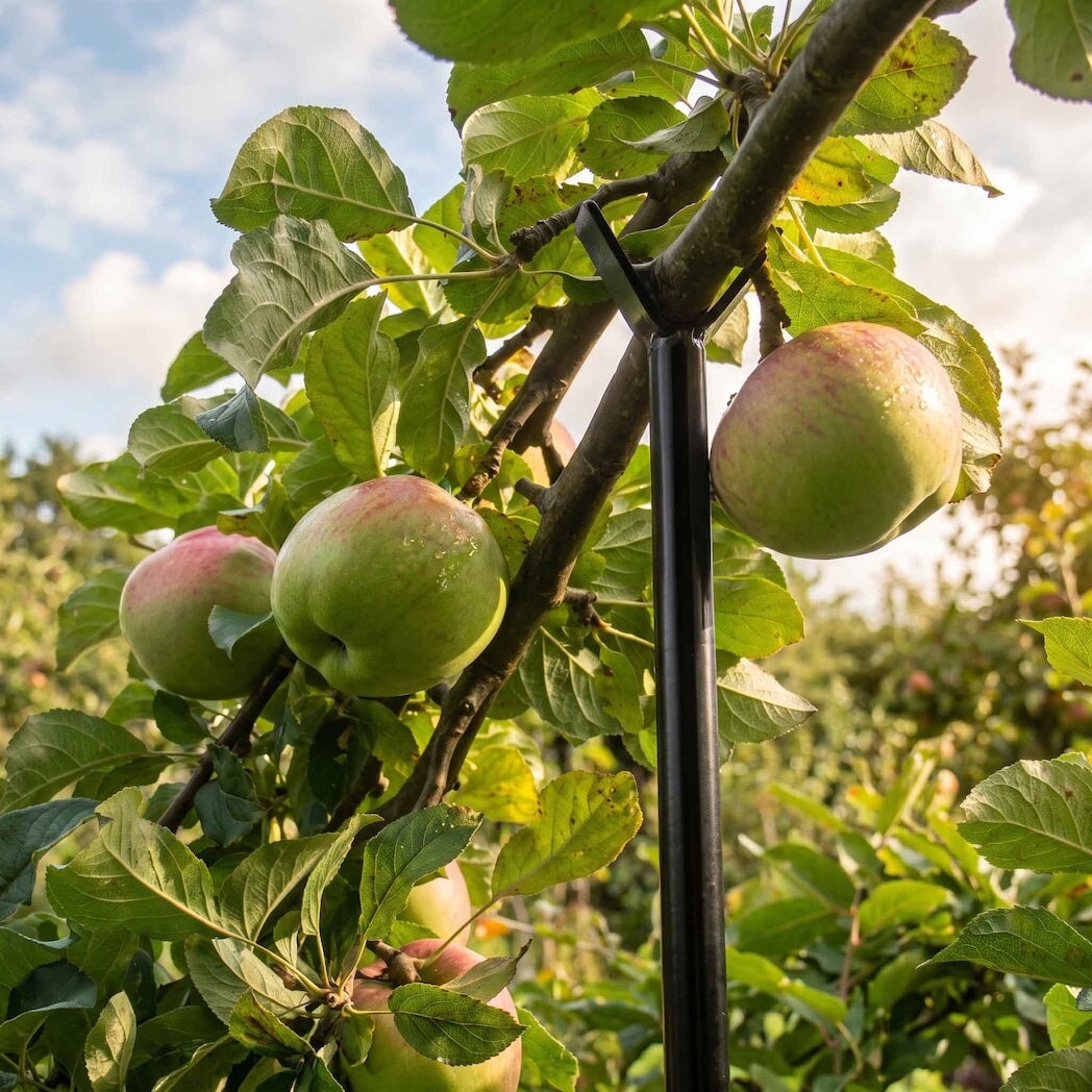 Agriframes fruit tree branch support with the branch of an apple tree supported on it
