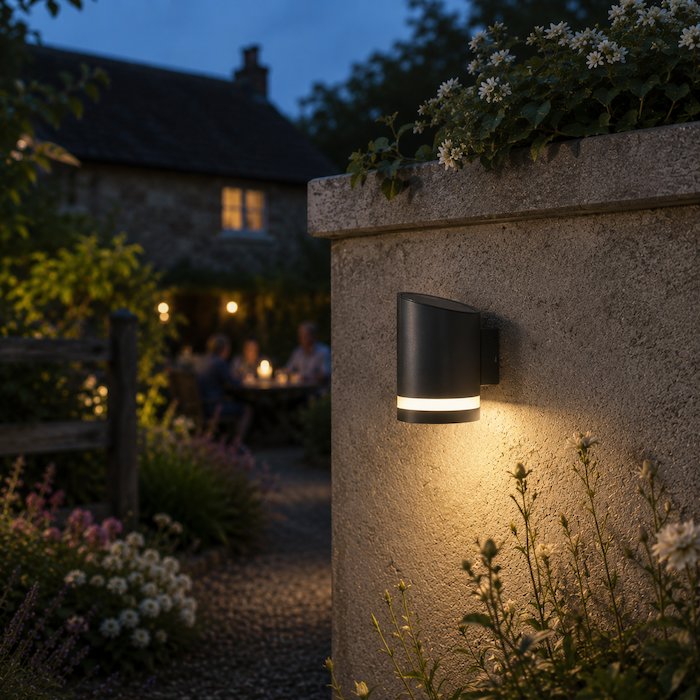 Agriframes gemini solar wall light in an anthracite finish on a stone wall, backdropped by a large courtyard and a group of people sat at an outdoor table set. 