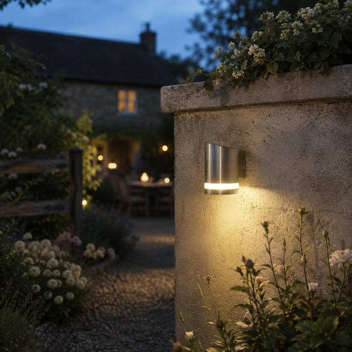 Agriframes gemini solar wall light on a stone wall, backdropped by a large courtyard and an outdoor dining set. 