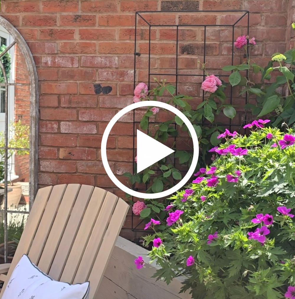 Garden scene with a brick wall, flowers, and a chair.